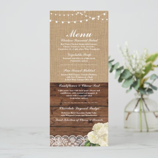 Menu Trouwreceptie Roos Jute Houten Kant Kaart (Staand voorkant)