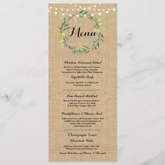 Menu Trouwreceptie Rustiek Jute Bloem Lichtjes (Voorkant)