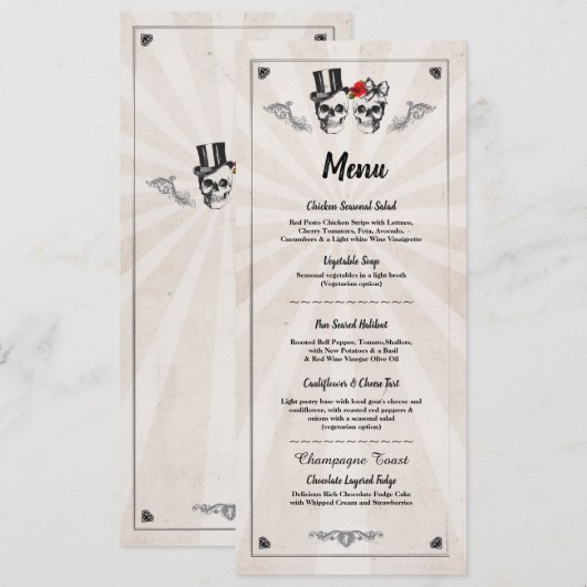 Menu Trouwreceptie Rustieke Schedels Rozen Menu's Kaart (Voorkant / Achterkant)