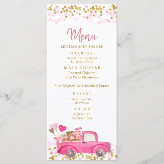 Menu valentijn Truck SweeLieverd Baby shower (Voorkant)