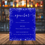 Menu van de blauwe zilverglitter-bruiloft<br><div class="desc">Een koninklijke blauwe achtergrond. Gedrooid met faux zilveren glitter,  sparkles. Met de tekst: Open balk. Pas uw bar menu aan en voeg toe. Witte tekst.</div>