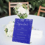 Menu van de blauwe zilverglitter-bruiloft reclamebord met voetstuk<br><div class="desc">Een koninklijke blauwe achtergrond. Gedrooid met faux zilveren glitter,  sparkles. Met de tekst: Open balk. Pas uw bar menu aan en voeg toe. Witte tekst.</div>