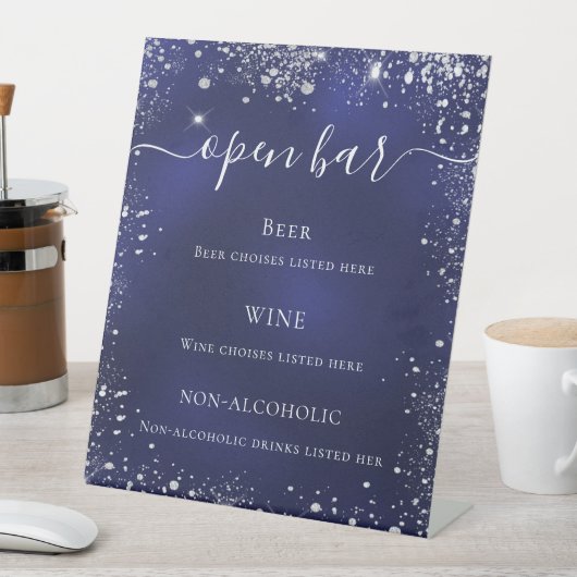 menu van de marineblauwe zilverglitter bruiloft reclamebord met voetstuk (Insitu)