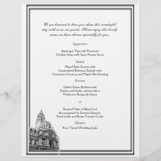 Menu van de weddenschap op de bestemming Philadelp (Voorkant)