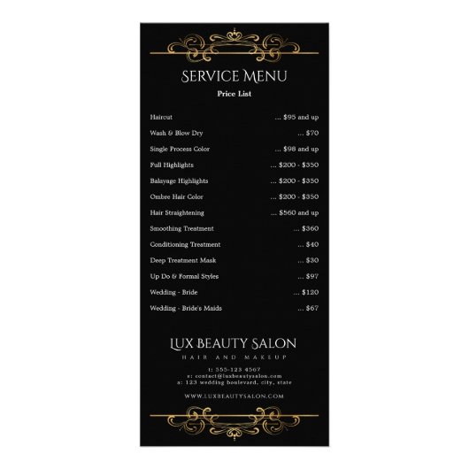 Menu van de zwarte Gold Classic Swirls-serviceprij (Voorkant)