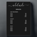Menu van de zwarte lijst met piekprijzen voor zwar fotoplaat<br><div class="desc">Pas dit zwarte haar stylist salon de dienstmenumplak aan om een prijslijst voor uw diensten gemakkelijk te creëer. Personaliseer met uw salon stylist handtekening in een elegante witte manuscripttypografie. Plaats op uw tafel, plank, of teller. Perfect voor haarsalons, nagelsalons, elastici en make-up artistieke diensten, theebars, slogans, esthetici, enz. Gebruik het...</div>