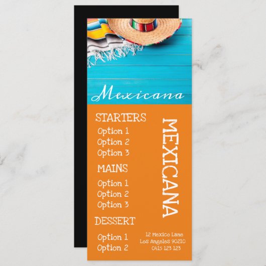 menu van het diner van het Mexicaanse restaurant b (Voorkant / Achterkant)