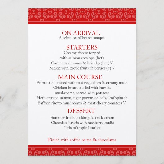 menu van het diner van het rode gestreepte bruilof (Achterkant)