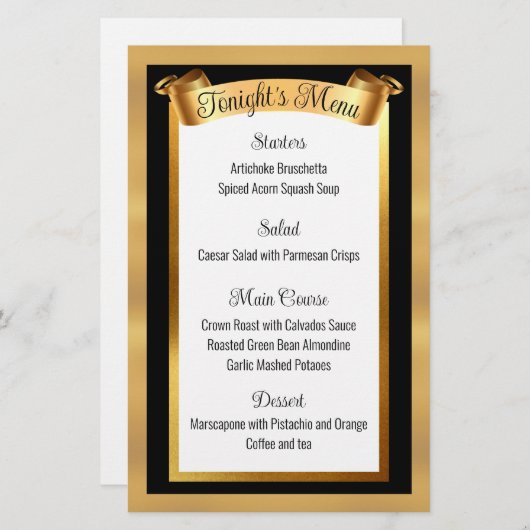 menu van het diner voor goudcatering voor bruiloft (Voorkant / Achterkant)