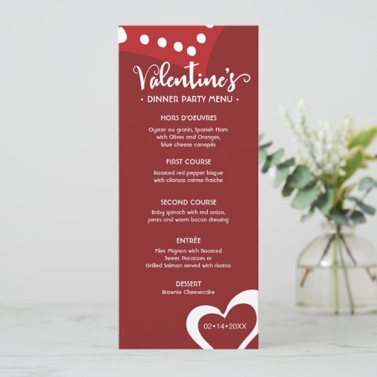 menu van het dinerfeest van Custom Red Valentijnse Kaart (Staand voorkant)