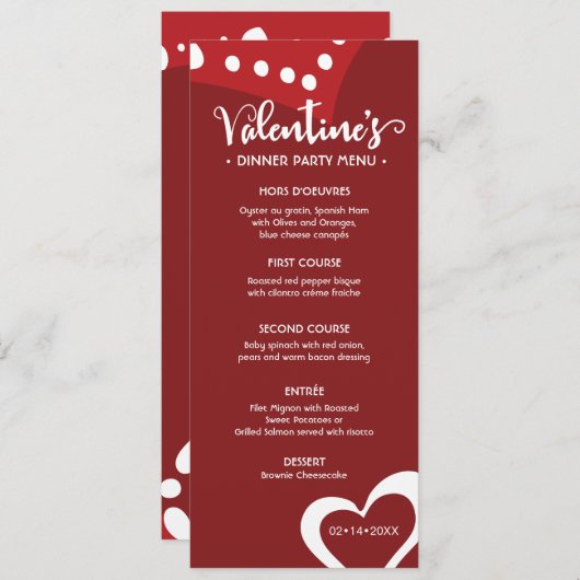 menu van het dinerfeest van Custom Red Valentijnse Kaart (Voorkant / Achterkant)