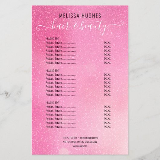 Menu van roze glittersalonservice (Voorkant)