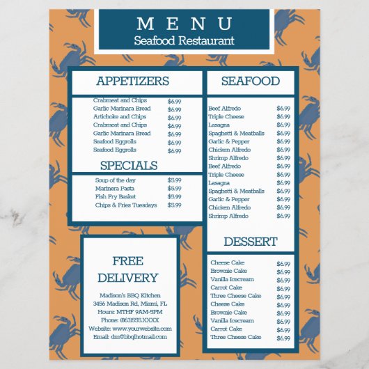 Menu van Zeevruchtenkrabgrillrestaurant (Voorkant)