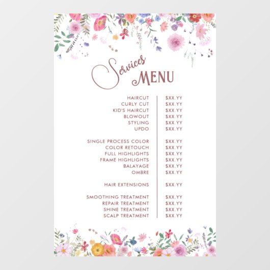 Menu Verse Fresh Wildflowers Diensten Raamsticker (Vel)