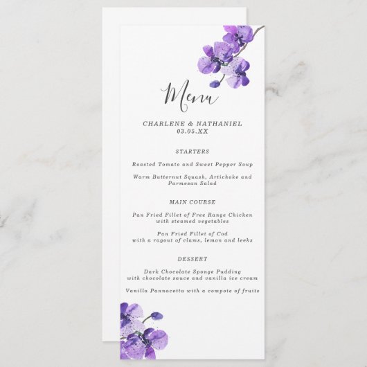 Menu Violet Waterverf Orchid Wedding (Voorkant / Achterkant)