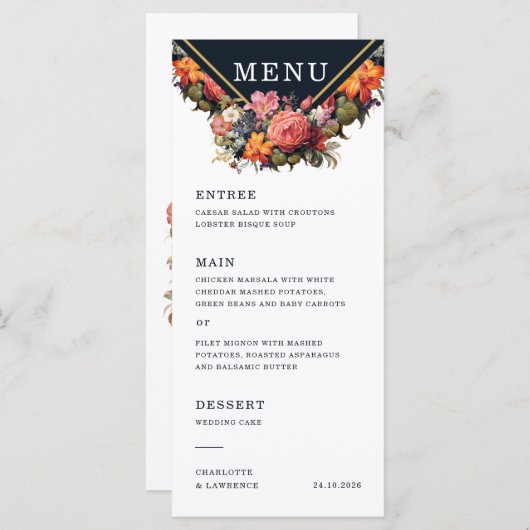 Menu voor bruiloft in  bloemenstijl en retro (Voorkant / Achterkant)