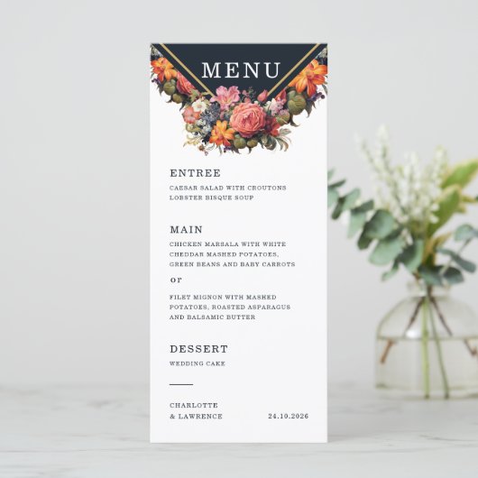 Menu voor bruiloft in  bloemenstijl en retro (Staand voorkant)