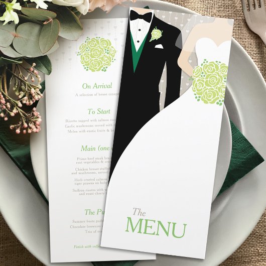 menu voor bruinkoolbruin en groomgroen bouquet bru