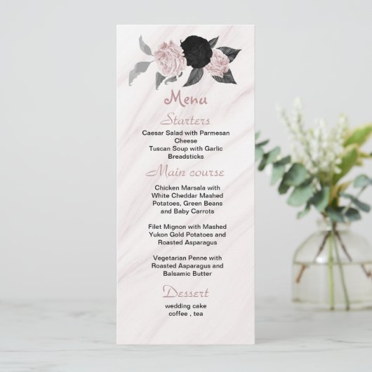 menu voor de roze en zwarte florale bruiloft (Staand voorkant)