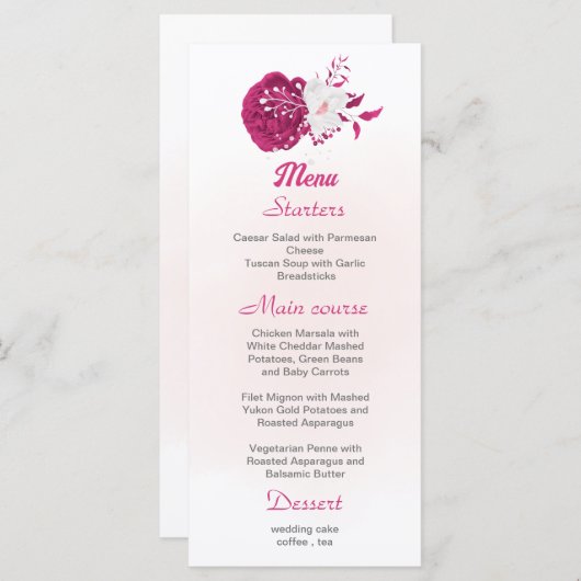 menu voor fuchsia & white floral bruiloft (Voorkant / Achterkant)