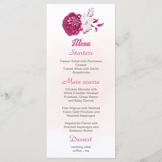 menu voor fuchsia & white floral bruiloft (Voorkant)