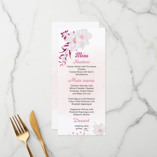 menu voor fuchsia & white floral bruiloft (Voorkant / Achterkant in situ)