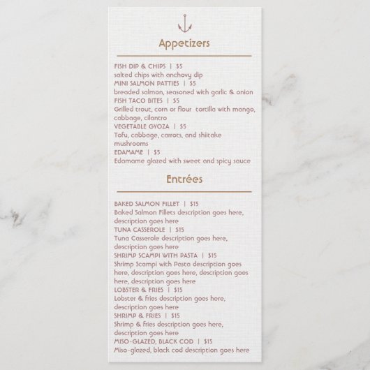  menu voor restaurant voor zeevruchten (Voorkant)