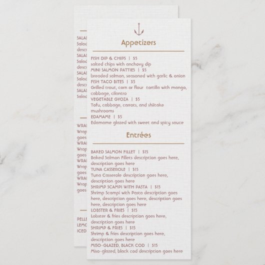  menu voor restaurant voor zeevruchten (Voorkant / Achterkant)