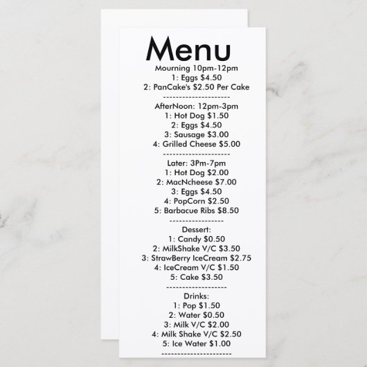 Menu voor resturant (Voorkant / Achterkant)