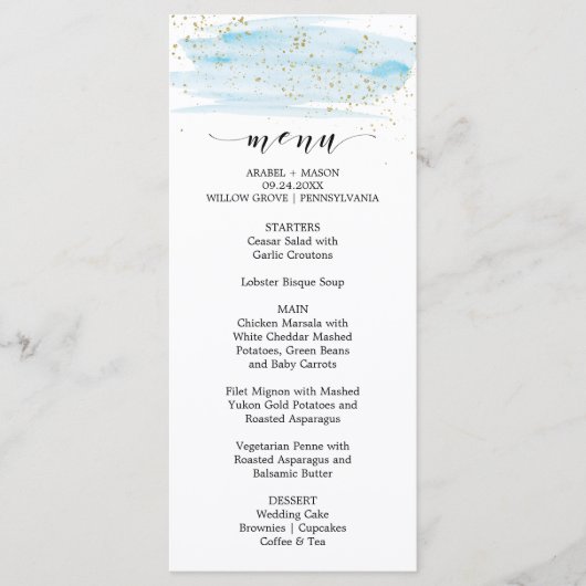 Menu waterverf Blue and Gold Sparkle Wedding (Voorkant)