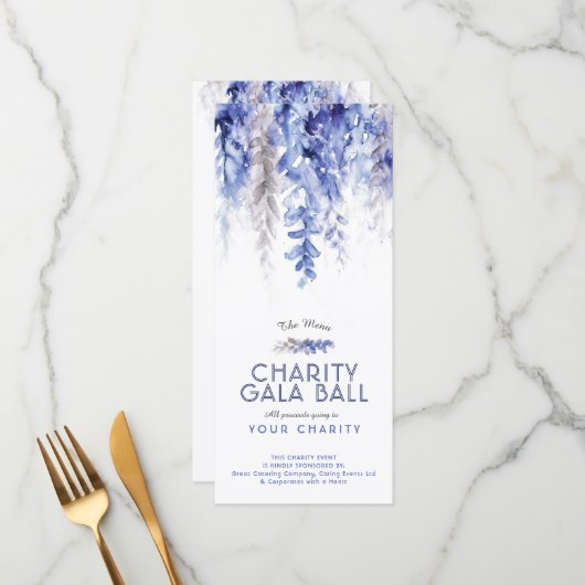 Menu waterverf blue grijy gala charity event (Voorkant / Achterkant in situ)