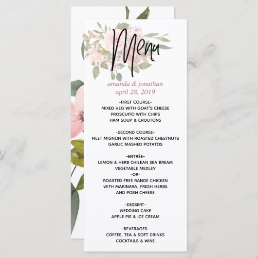 Menu waterverf floral Blush en Roos Gold Wedding (Voorkant / Achterkant)