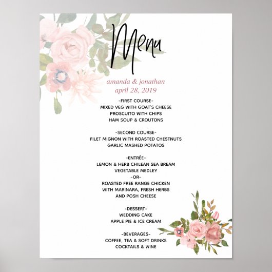Menu waterverf floral Blush en Roos Gold Wedding Poster (Voorkant)