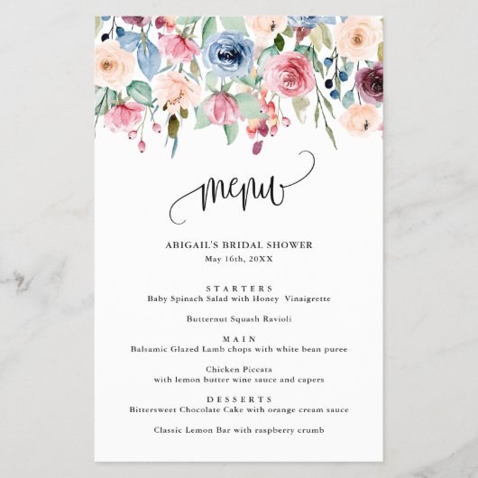 Menu waterverf Flowers Calligraphy Script (Voorkant)