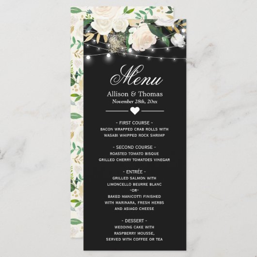 Menu waterverf Ivory Floral String Lights Wedding (Voorkant / Achterkant)