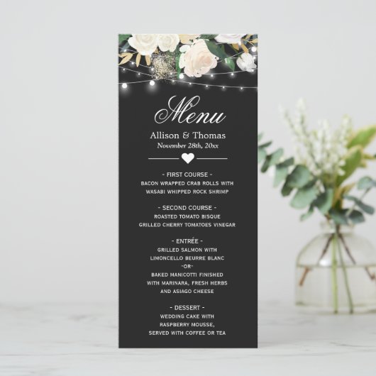 Menu waterverf Ivory Floral String Lights Wedding (Staand voorkant)