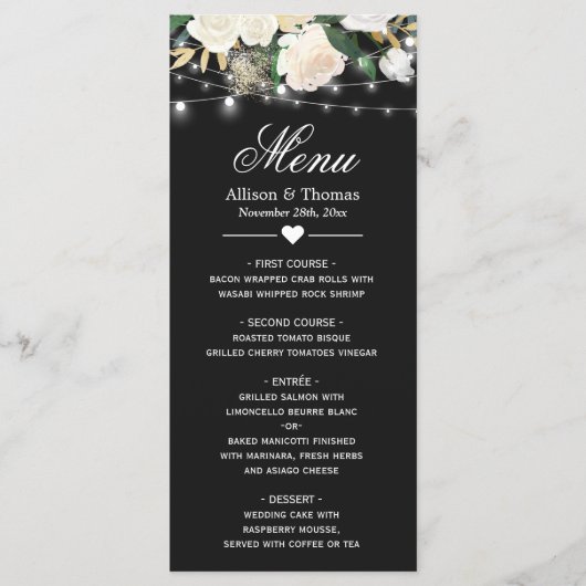 Menu waterverf Ivory Floral String Lights Wedding (Voorkant)