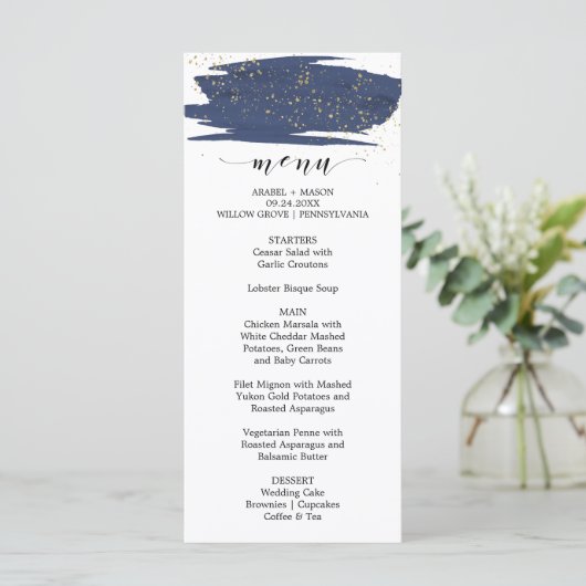 Menu waterverf Navy and Gold Sparkle Wedding (Staand voorkant)
