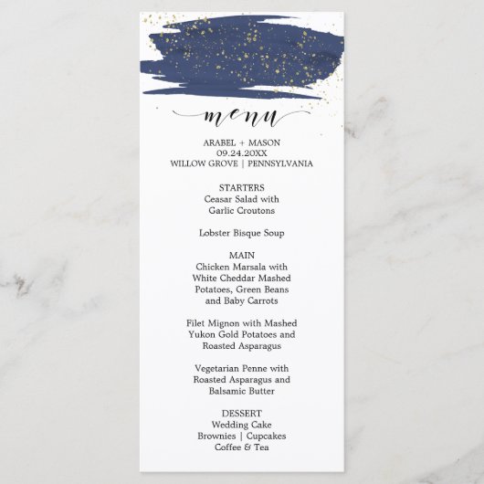 Menu waterverf Navy and Gold Sparkle Wedding (Voorkant)