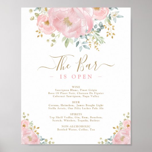 Menu waterverf Pink Floral Wedding Bar Drinken Poster (Voorkant)