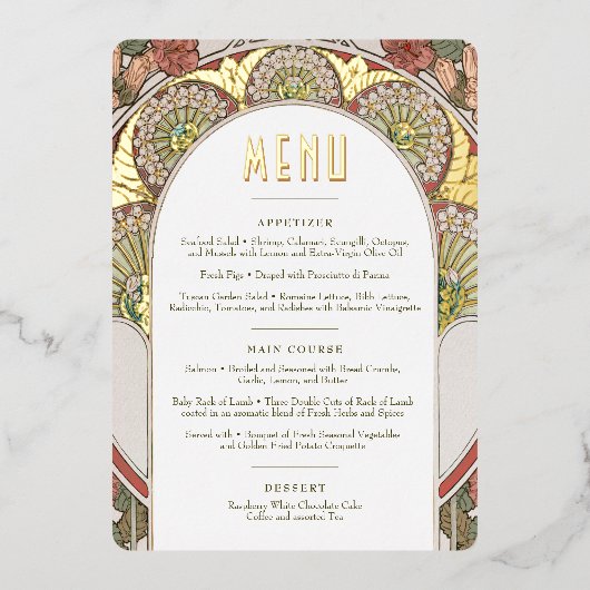 Menu Weddenschap  Art Nouveau door Mucha Invitati Folie Uitnodiging (Voorkant)