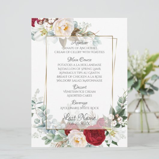 Menu Weddenschap | Bourgogne en ivory Peonies (Staand voorkant)