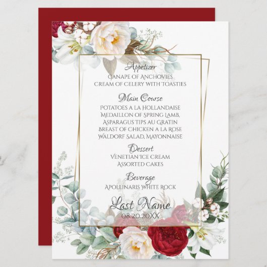 Menu Weddenschap | Bourgogne en ivory Peonies (Voorkant / Achterkant)