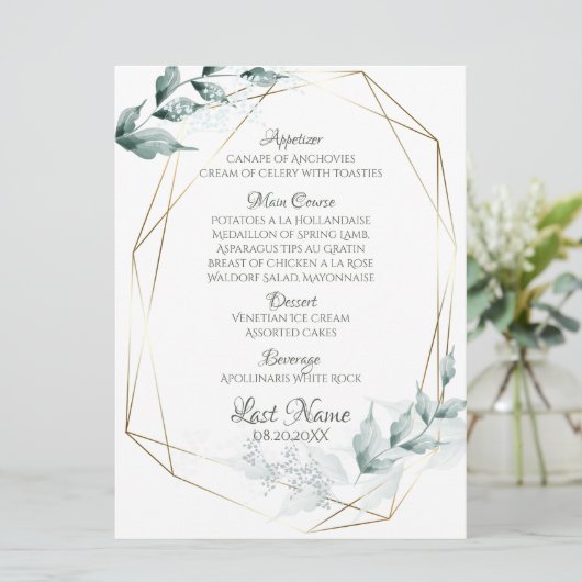 Menu Weddenschap | Grayed Jade Green Botanical Men (Staand voorkant)