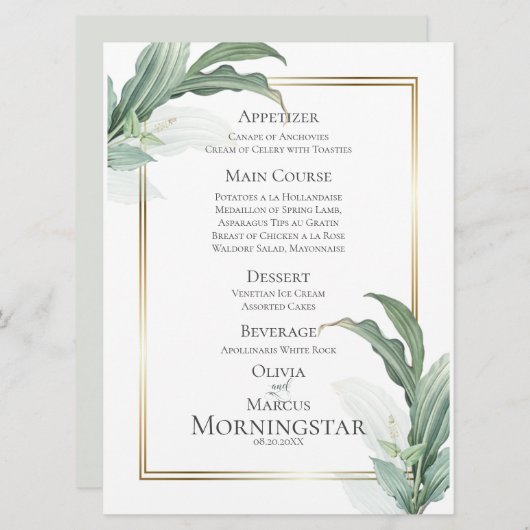 Menu Weddenschap | Moderne elegante tropische blad (Voorkant / Achterkant)