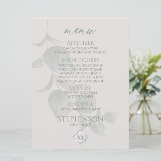 Menu Weddenschap | Silver Sage Eucalyptus Monogram (Staand voorkant)