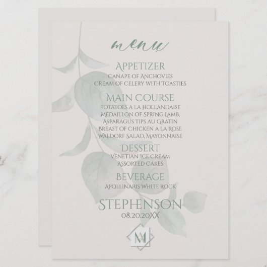 Menu Weddenschap | Silver Sage Eucalyptus Monogram (Voorkant / Achterkant)