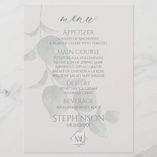 Menu Weddenschap | Silver Sage Eucalyptus Monogram (Voorkant)