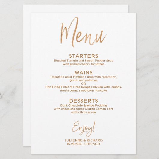 Menu Weddenschap | Stylish Gold Roos Lettered Kaart (Voorkant / Achterkant)