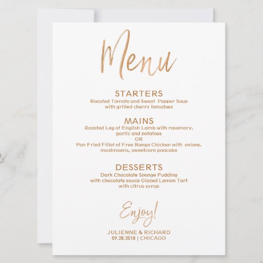 Menu Weddenschap | Stylish Gold Roos Lettered Kaart (Voorkant)